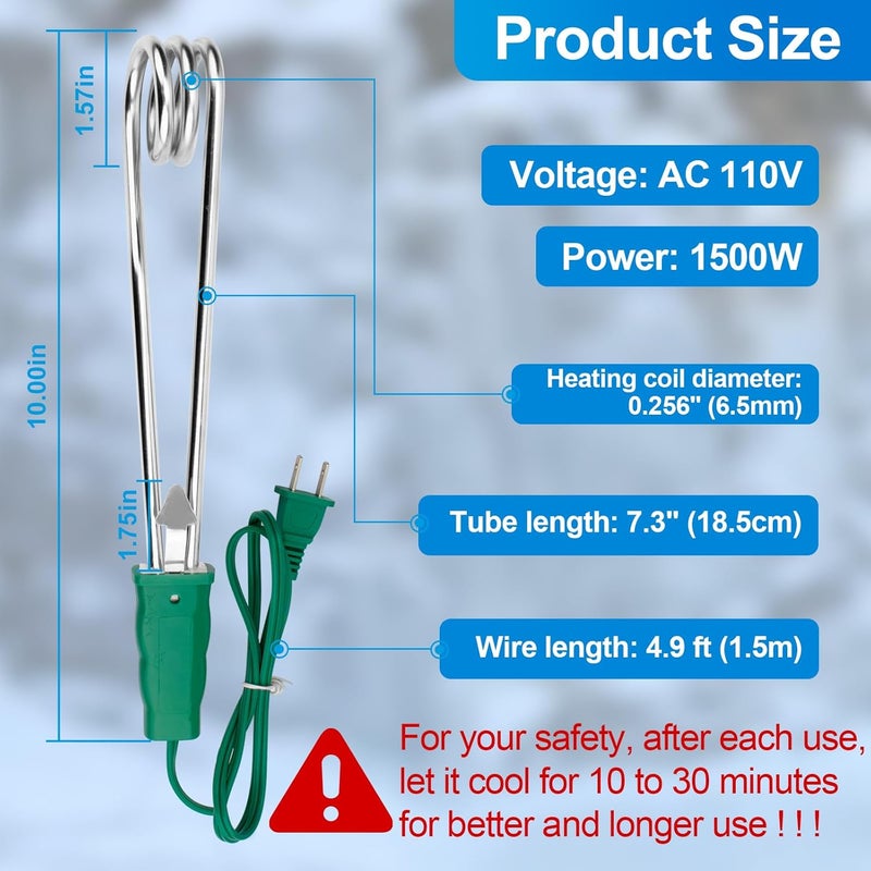 Rugam Portable Immersion Water Heater 1500W 110V Dual Voltage Portable Water Heater Electric Travel Accessories - Immersion Heater Travel Water Boiler Water Heating Rod fit for Bucket Pool Bathtub - Image 5